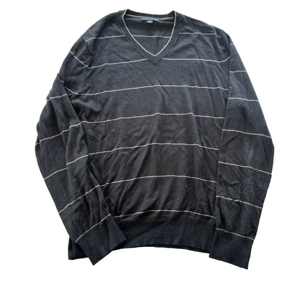Banana Republic Grey Striped V-neck Silk Cashmere Blend Sweater Men's LG